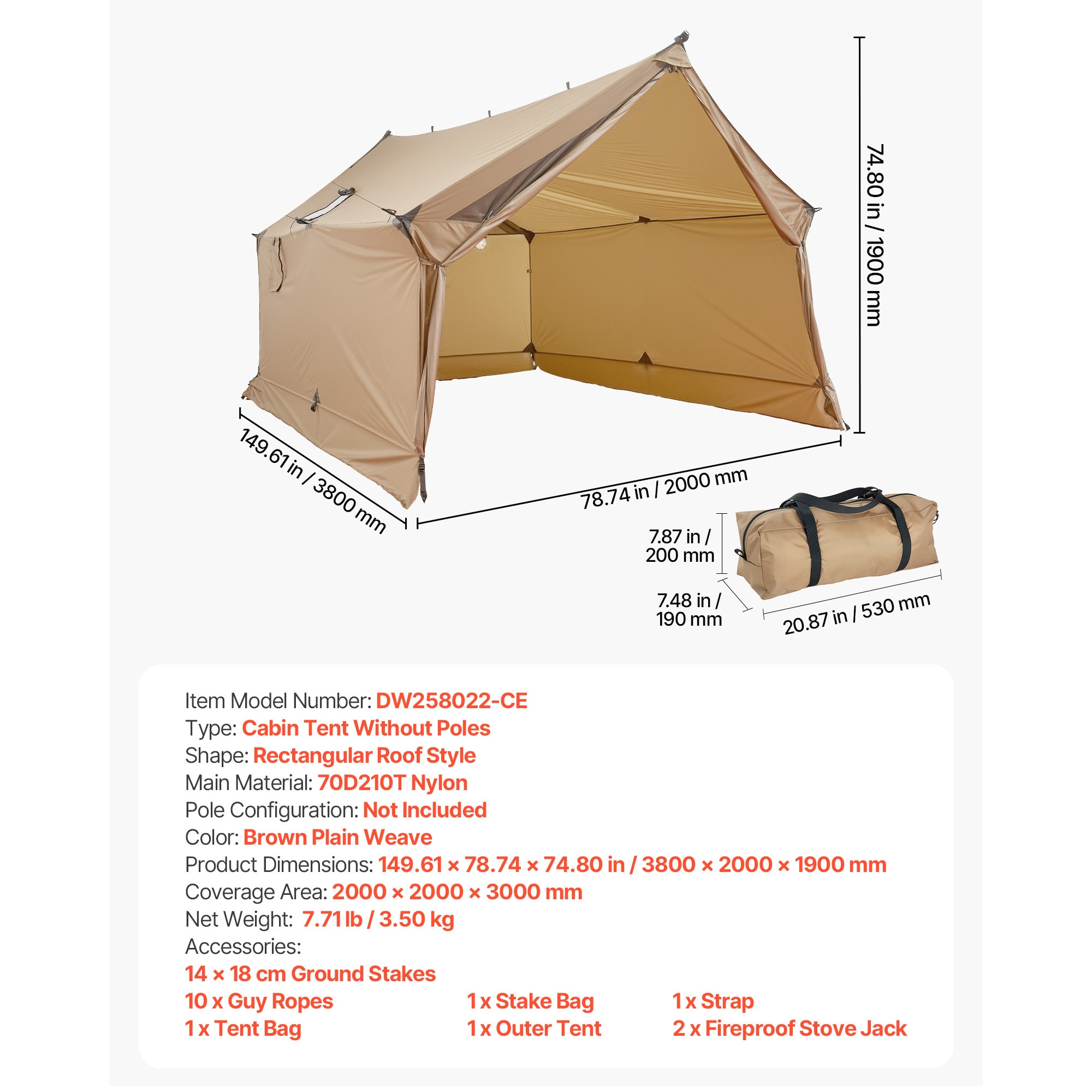 Cabin Hot Tent With Stove Jack Lightweight Waterproof 2 Persons Camping_voghion.com